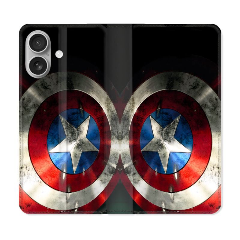 Housse Cuir Portefeuille Pour Iphone 16 Plus Captain America Bouclier