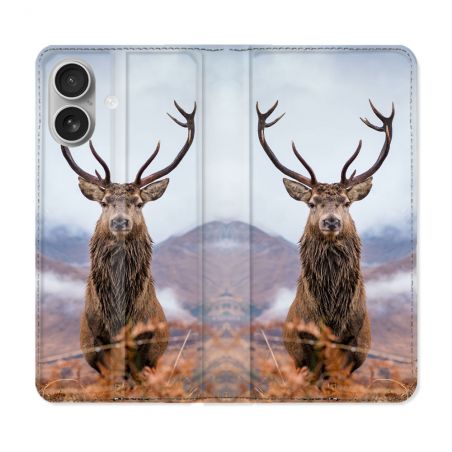 Housse Cuir Portefeuille Pour Iphone 16 Plus Chasse Chevreuil Montagne