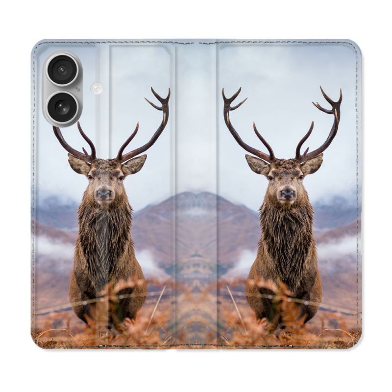 Housse Cuir Portefeuille Pour Iphone 16 Plus Chasse Chevreuil Montagne