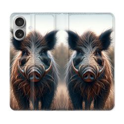 Housse Cuir Portefeuille Pour Iphone 16 Plus Chasse Sanglier Attaque