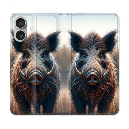 Housse Cuir Portefeuille Pour Iphone 16 Plus Chasse Sanglier Attaque