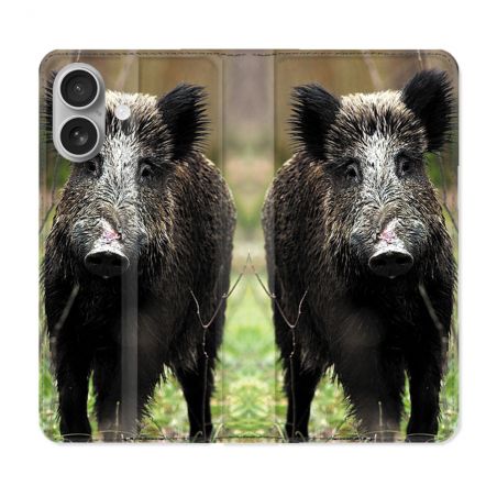 Housse Cuir Portefeuille Pour Iphone 16 Plus Chasse Sanglier bois