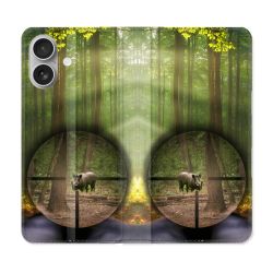 Housse Cuir Portefeuille Pour Iphone 16 Plus Chasse Sanglier Viseur
