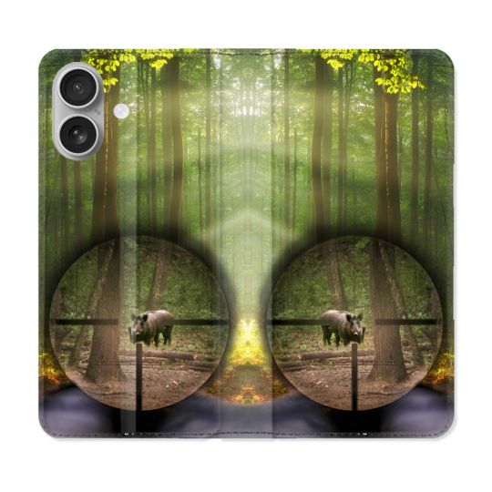 Housse Cuir Portefeuille Pour Iphone 16 Plus Chasse Sanglier Viseur