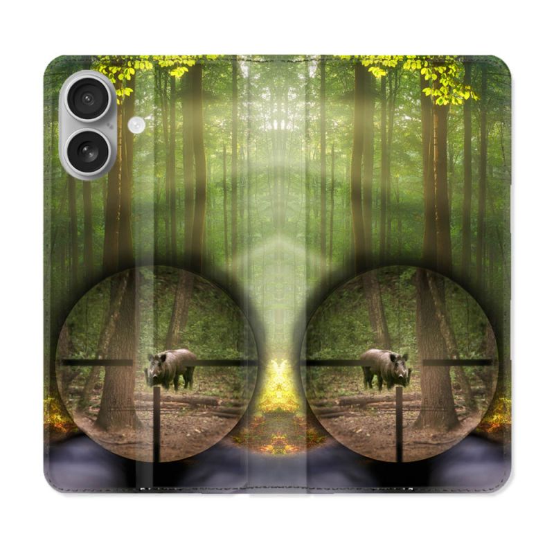 Housse Cuir Portefeuille Pour Iphone 16 Plus Chasse Sanglier Viseur