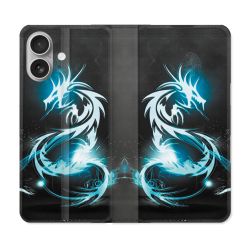 Housse Cuir Portefeuille Pour Iphone 16 Plus Fantastique Dragon Bleu