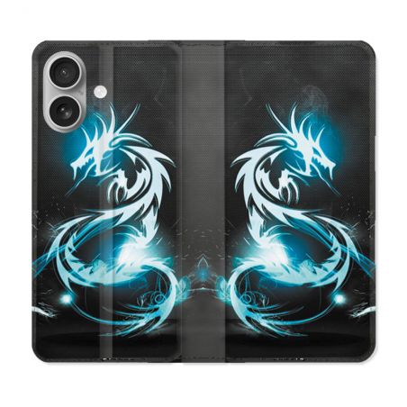 Housse Cuir Portefeuille Pour Iphone 16 Plus Fantastique Dragon Bleu
