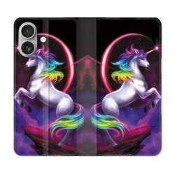 Housse Cuir Portefeuille Pour Iphone 16 Plus Fantastique Licorne Arc en ciel