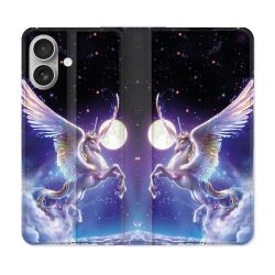Housse Cuir Portefeuille Pour Iphone 16 Plus Fantastique Licorne Céleste