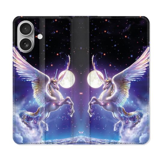 Housse Cuir Portefeuille Pour Iphone 16 Plus Fantastique Licorne Céleste