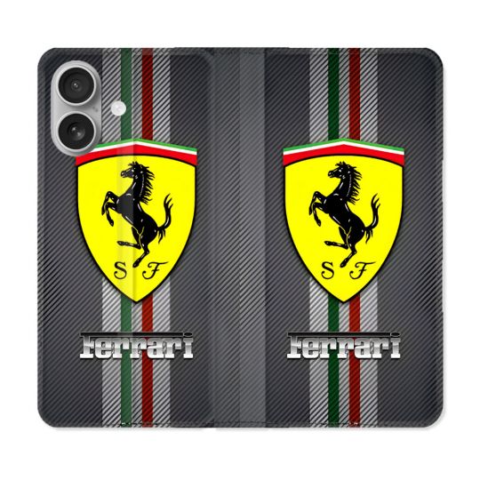 Housse Cuir Portefeuille Pour Iphone 16 Plus Ferrari Carbone