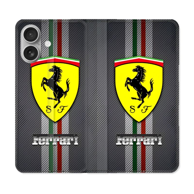 Housse Cuir Portefeuille Pour Iphone 16 Plus Ferrari Carbone