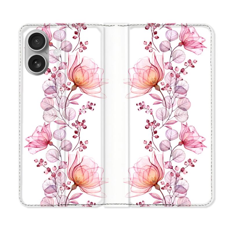 Housse Cuir Portefeuille Pour Iphone 16 Plus Fleur Eclosion