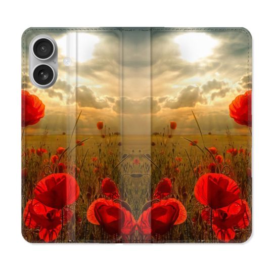 Housse Cuir Portefeuille Pour Iphone 16 Plus Fleur Coquelicot