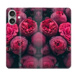 Housse Cuir Portefeuille Pour Iphone 16 Plus Fleur Pivoine