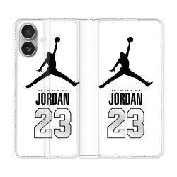 Housse Cuir Portefeuille Pour Iphone 16 Plus Jordan 23 Blanc