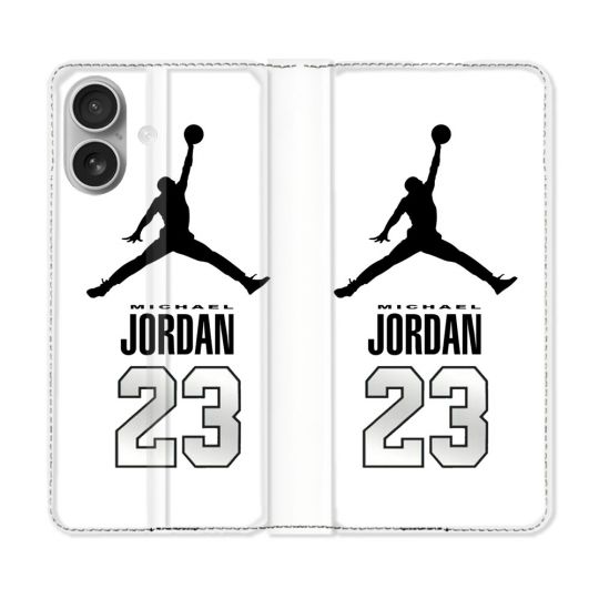 Housse Cuir Portefeuille Pour Iphone 16 Plus Jordan 23 Blanc