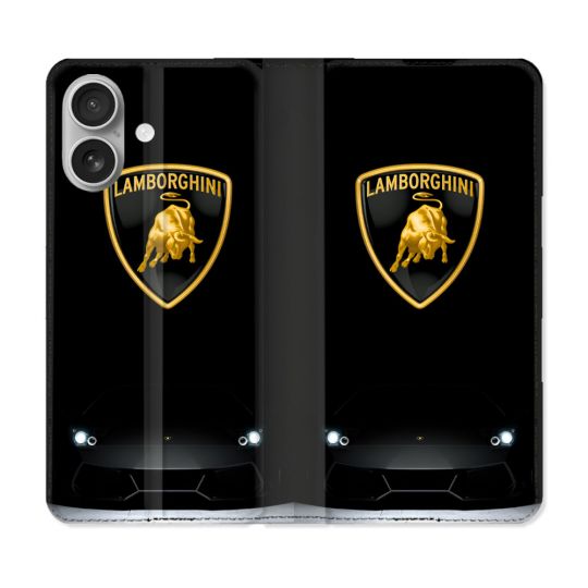 Housse Cuir Portefeuille Pour Iphone 16 Plus Lamborghini Noir