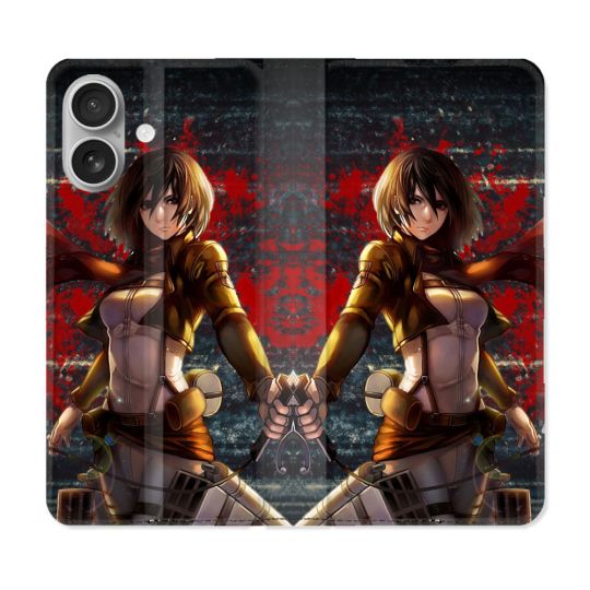Housse Cuir Portefeuille Pour Iphone 16 Plus Manga Attaque Titans Mikasa