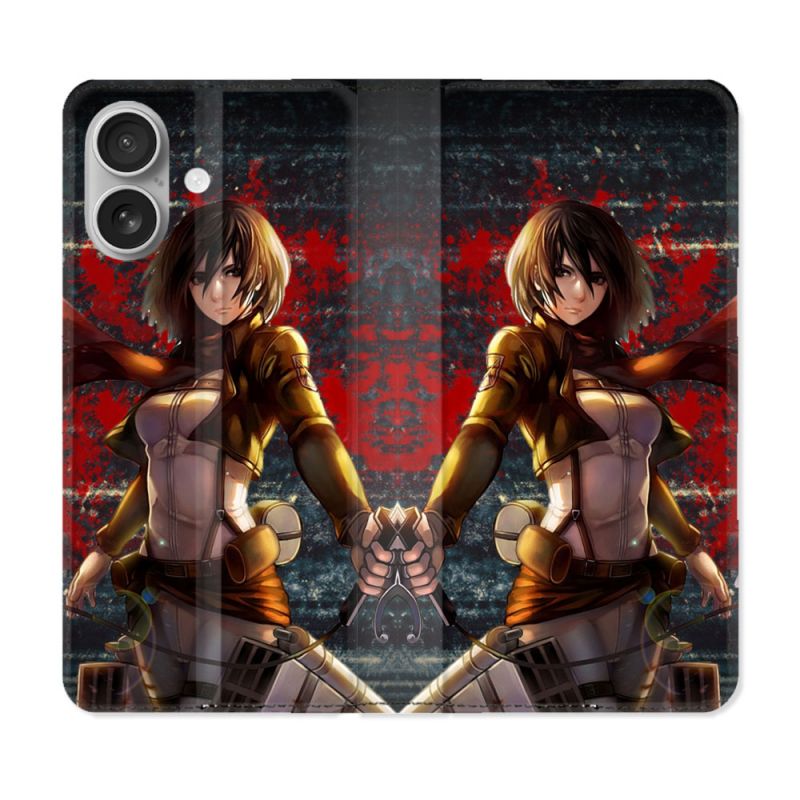 Housse Cuir Portefeuille Pour Iphone 16 Plus Manga Attaque Titans Mikasa