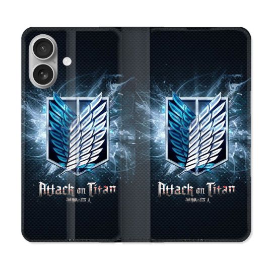 Housse Cuir Portefeuille Pour Iphone 16 Plus Manga Attaque Titans Noir