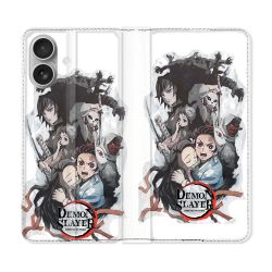 Housse Cuir Portefeuille Pour Iphone 16 Plus Manga Demon Slayer Blanc