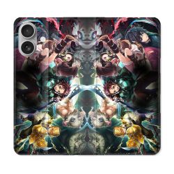 Housse Cuir Portefeuille Pour Iphone 16 Plus Manga Demon Slayer Groupe