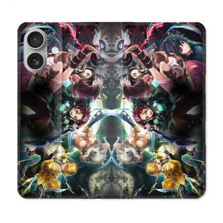 Housse Cuir Portefeuille Pour Iphone 16 Plus Manga Demon Slayer Groupe