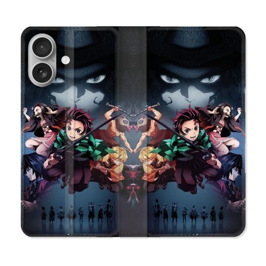 Housse Cuir Portefeuille Pour Iphone 16 Plus Manga Demon Slayer Noir