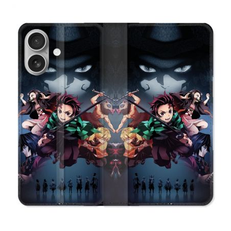 Housse Cuir Portefeuille Pour Iphone 16 Plus Manga Demon Slayer Noir