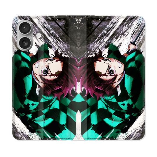 Housse Cuir Portefeuille Pour Iphone 16 Plus Manga Demon Slayer Tanjiro
