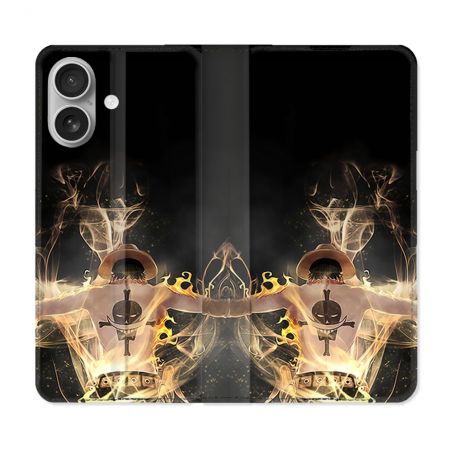 Housse Cuir Portefeuille Pour Iphone 16 Plus Manga One Piece Ace Noir