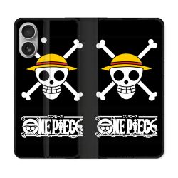 Housse Cuir Portefeuille Pour Iphone 16 Plus Manga One Piece Tete de Mort