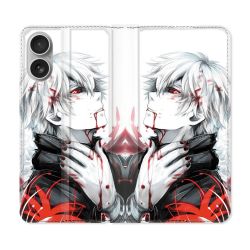 Housse Cuir Portefeuille Pour Iphone 16 Plus Manga Tokyo Ghoul Kaneki Blanc