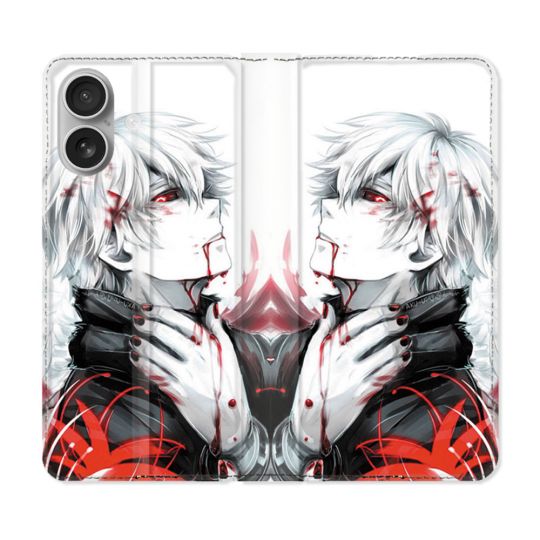 Housse Cuir Portefeuille Pour Iphone 16 Plus Manga Tokyo Ghoul Kaneki Blanc
