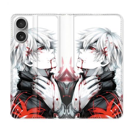 Housse Cuir Portefeuille Pour Iphone 16 Plus Manga Tokyo Ghoul Kaneki Blanc