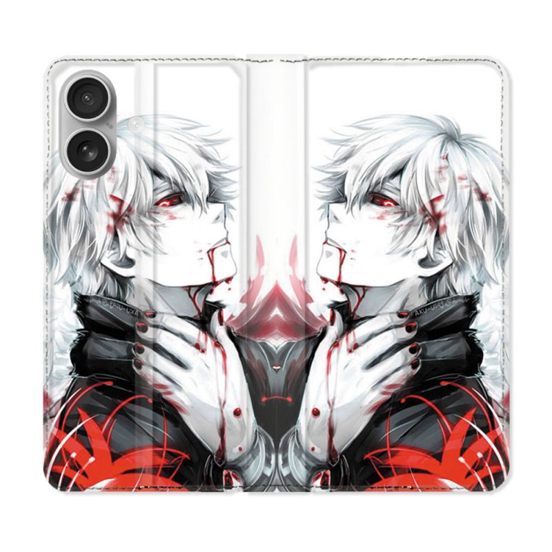 Housse Cuir Portefeuille Pour Iphone 16 Plus Manga Tokyo Ghoul Kaneki Blanc