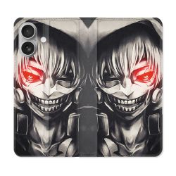 Housse Cuir Portefeuille Pour Iphone 16 Plus Manga Tokyo Ghoul Kaneki Noir