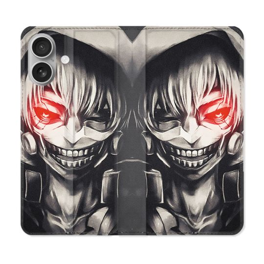 Housse Cuir Portefeuille Pour Iphone 16 Plus Manga Tokyo Ghoul Kaneki Noir