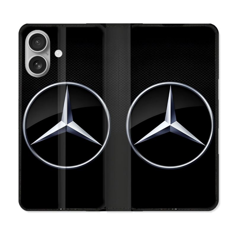 Housse Cuir Portefeuille Pour Iphone 16 Plus Mercedes Carbone