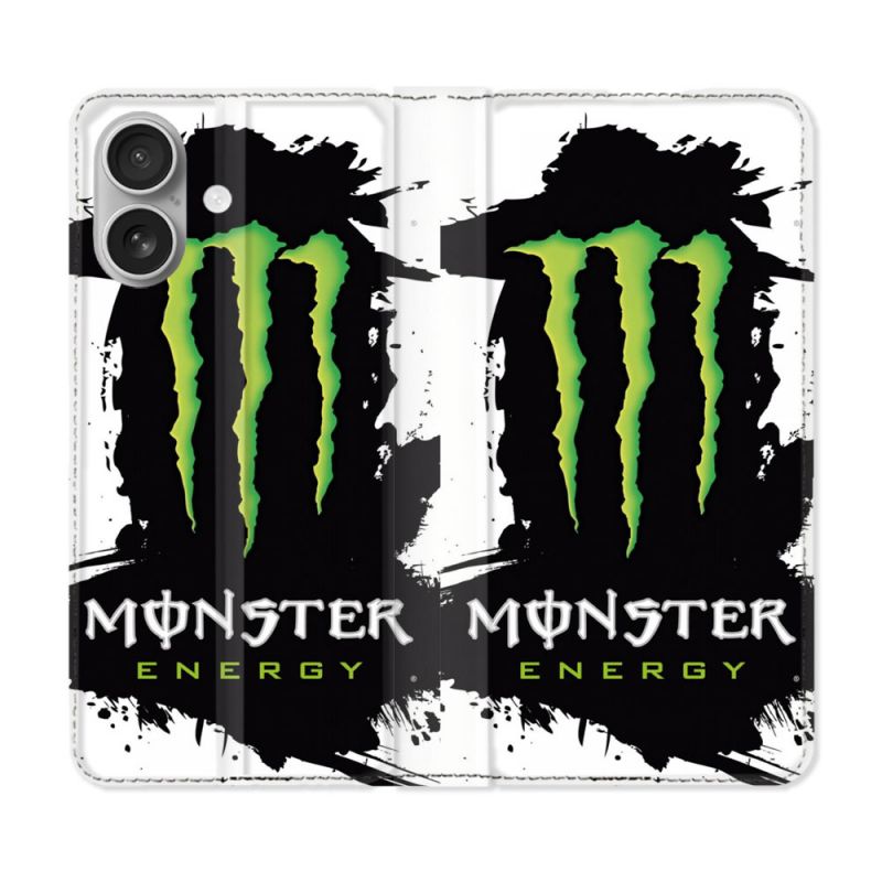 Housse Cuir Portefeuille Pour Iphone 16 Plus Monster Energy Tache