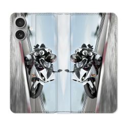 Housse Cuir Portefeuille Pour Iphone 16 Plus Moto Course GP Blanche