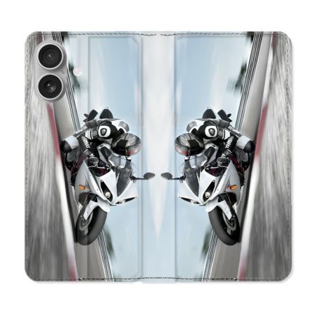 Housse Cuir Portefeuille Pour Iphone 16 Plus Moto Course GP Blanche