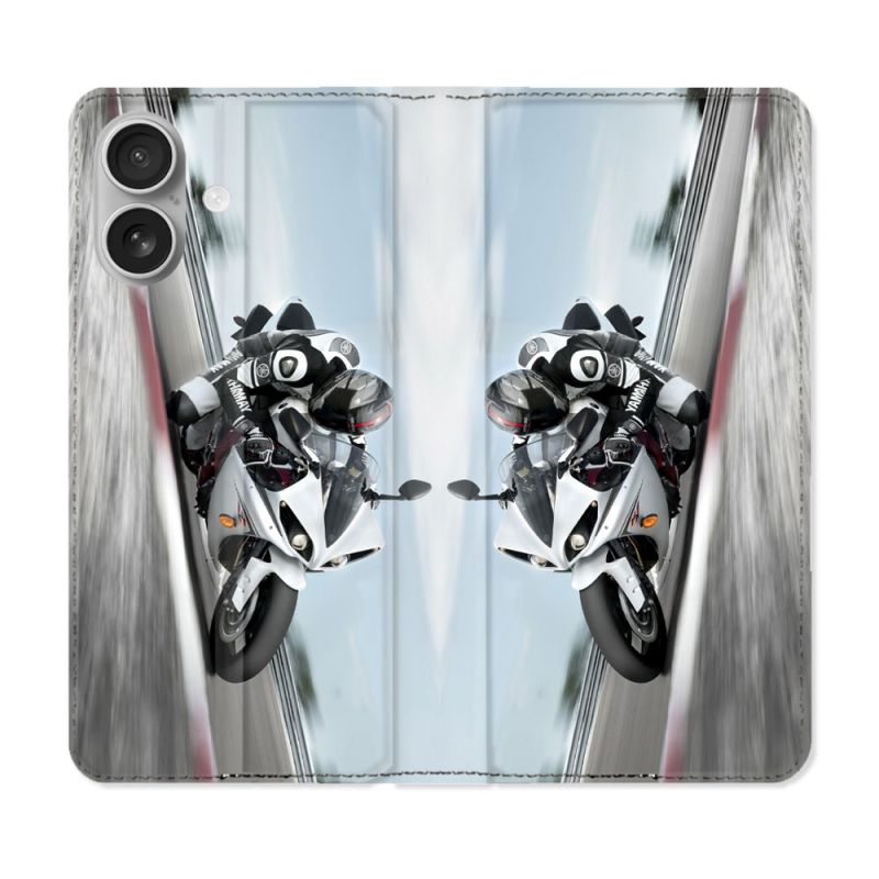 Housse Cuir Portefeuille Pour Iphone 16 Plus Moto Course GP Blanche