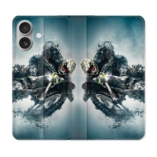Housse Cuir Portefeuille Pour Iphone 16 Plus Moto Cross Ombre