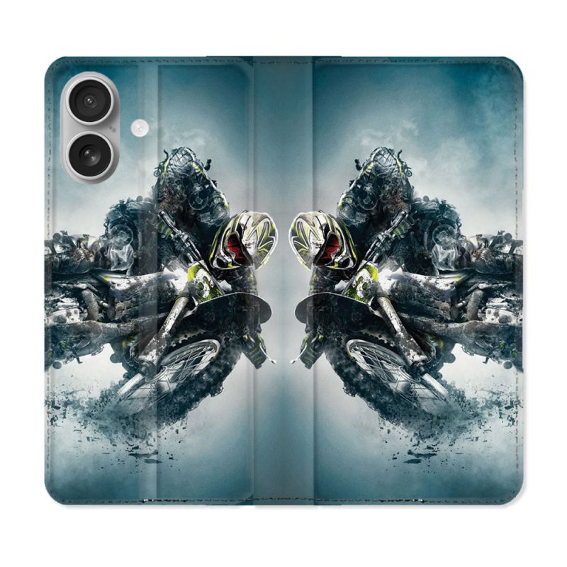 Housse Cuir Portefeuille Pour Iphone 16 Plus Moto Cross Ombre