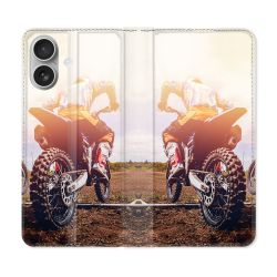 Housse Cuir Portefeuille Pour Iphone 16 Plus Moto Cross Soleil