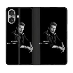 Housse Cuir Portefeuille Pour Iphone 16 Plus Musique Johnny Hallyday Noir