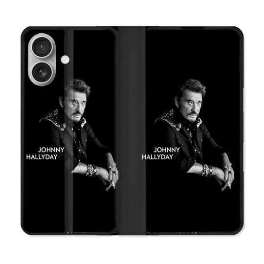 Housse Cuir Portefeuille Pour Iphone 16 Plus Musique Johnny Hallyday Noir