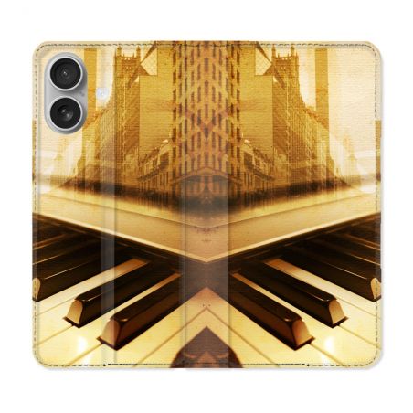 Housse Cuir Portefeuille Pour Iphone 16 Plus Musique Piano Retro